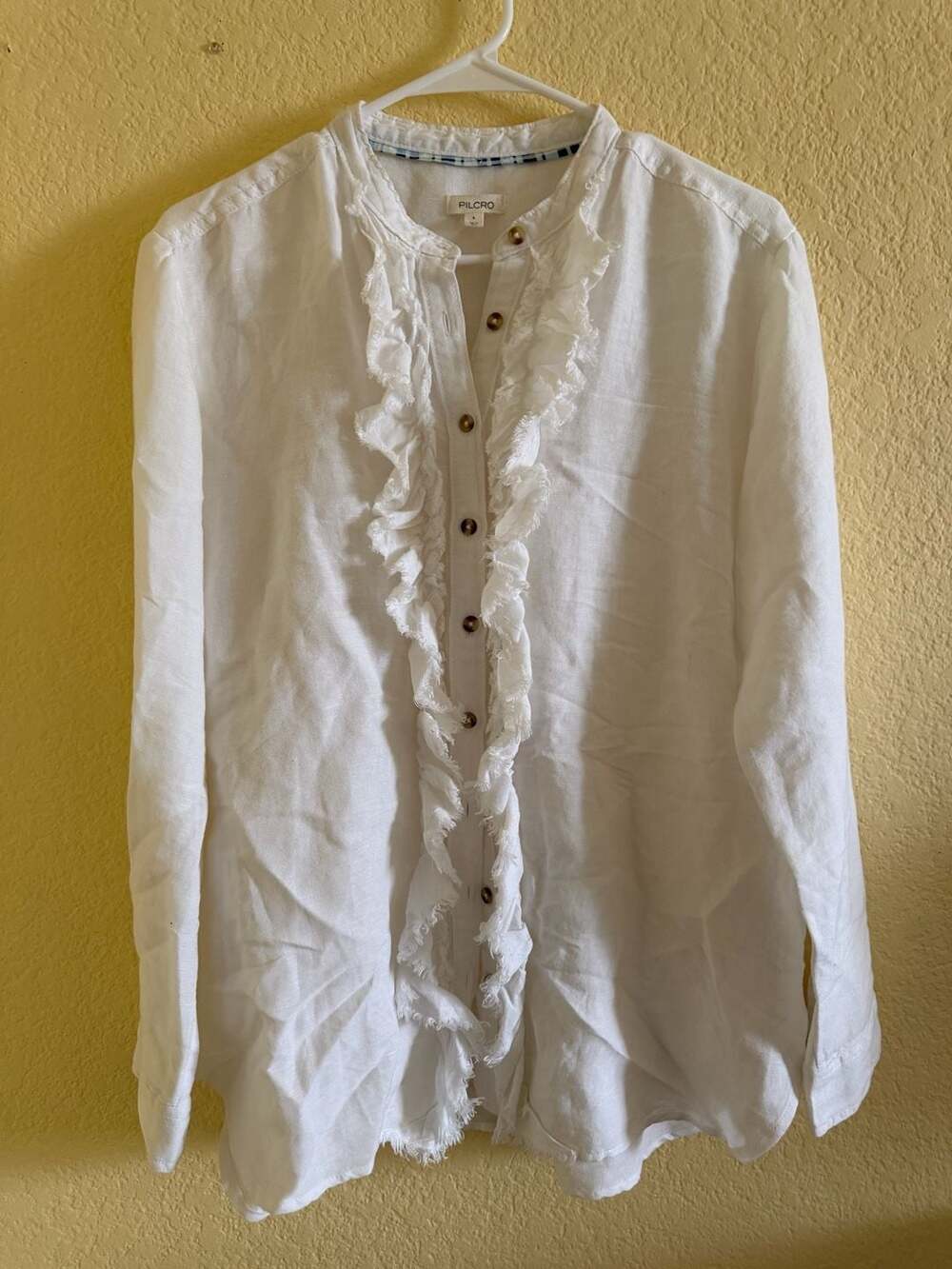 Pilcro Women's White Linen Ruffle Front Button Down Shirt Size S